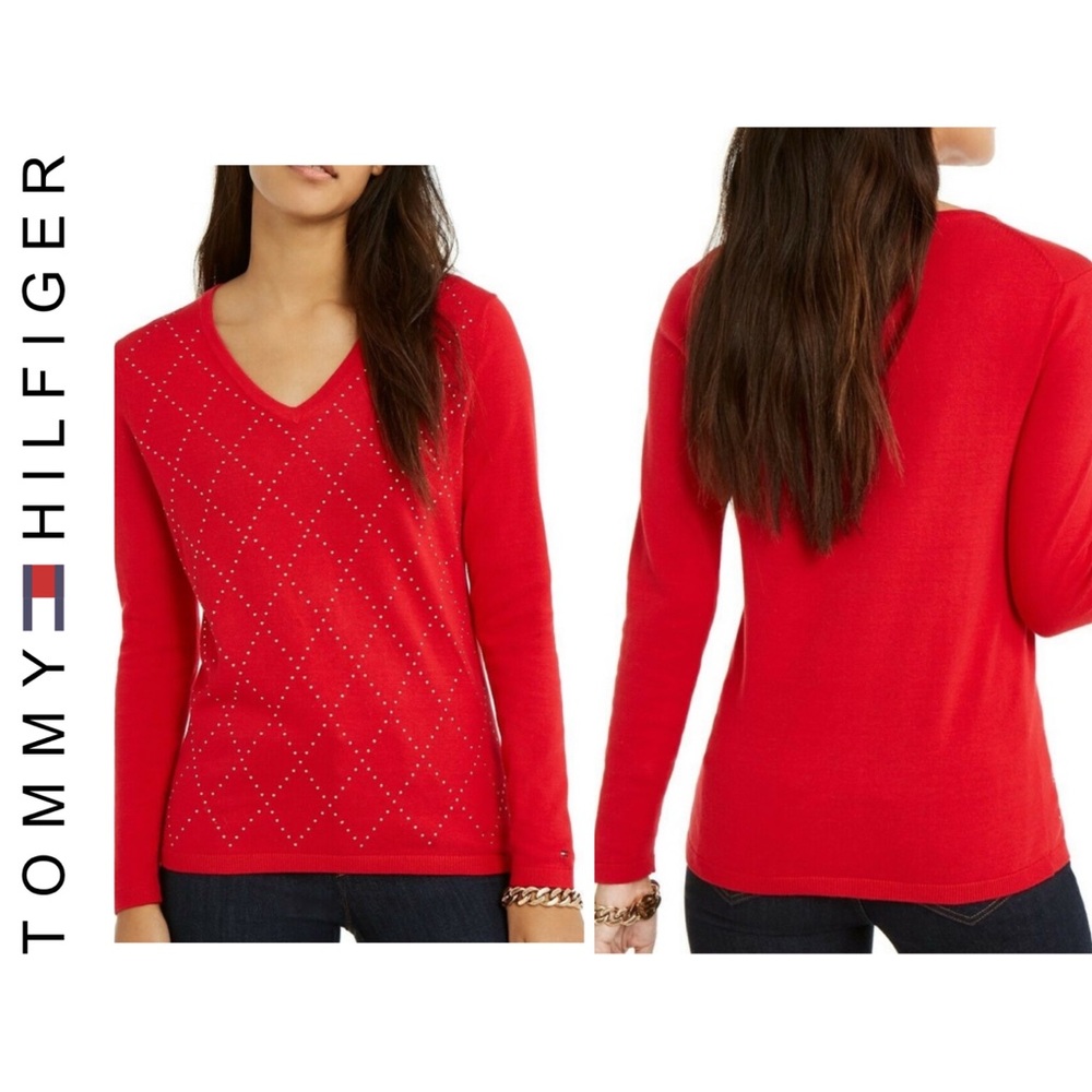 Tommy Hilfiger Red Studded V-Neck Sweater Small Petite